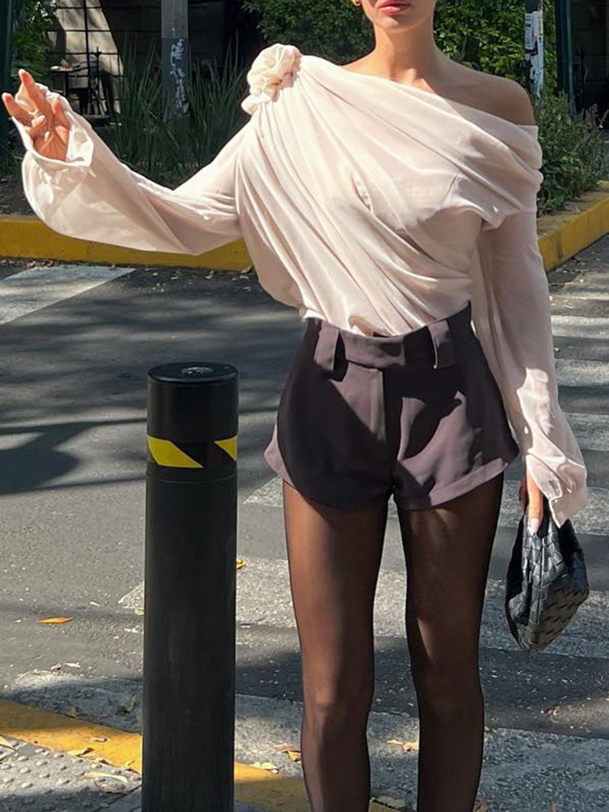 Semi-Sheer Chiffon One Shoulder Blouse