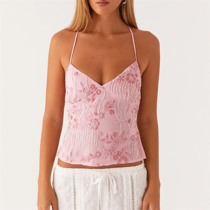 Sequin Rhinestone Halter Cami Top