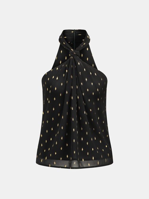Sheer Chiffon Halter Top with Metallic Polka Dot Print