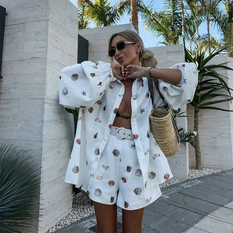 Shell Print Shirt and Shorts Co-ord Set
