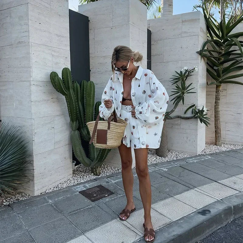 Shell Print Shirt and Shorts Co-ord Set