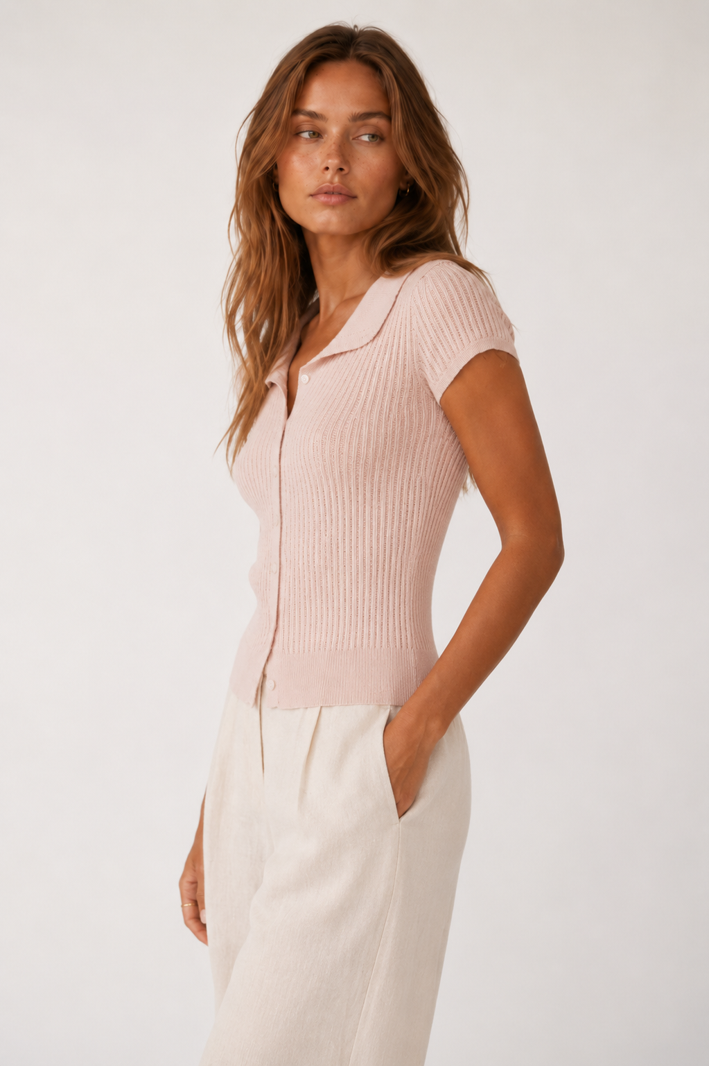 Short Sleeve Knit Top with Button Doll Collar