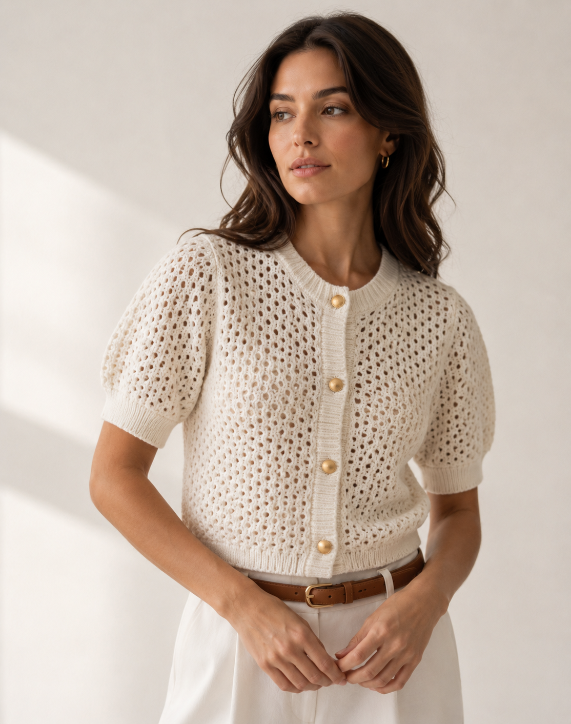 Short Sleeve Fitted Button-Front Knit Cardigan
