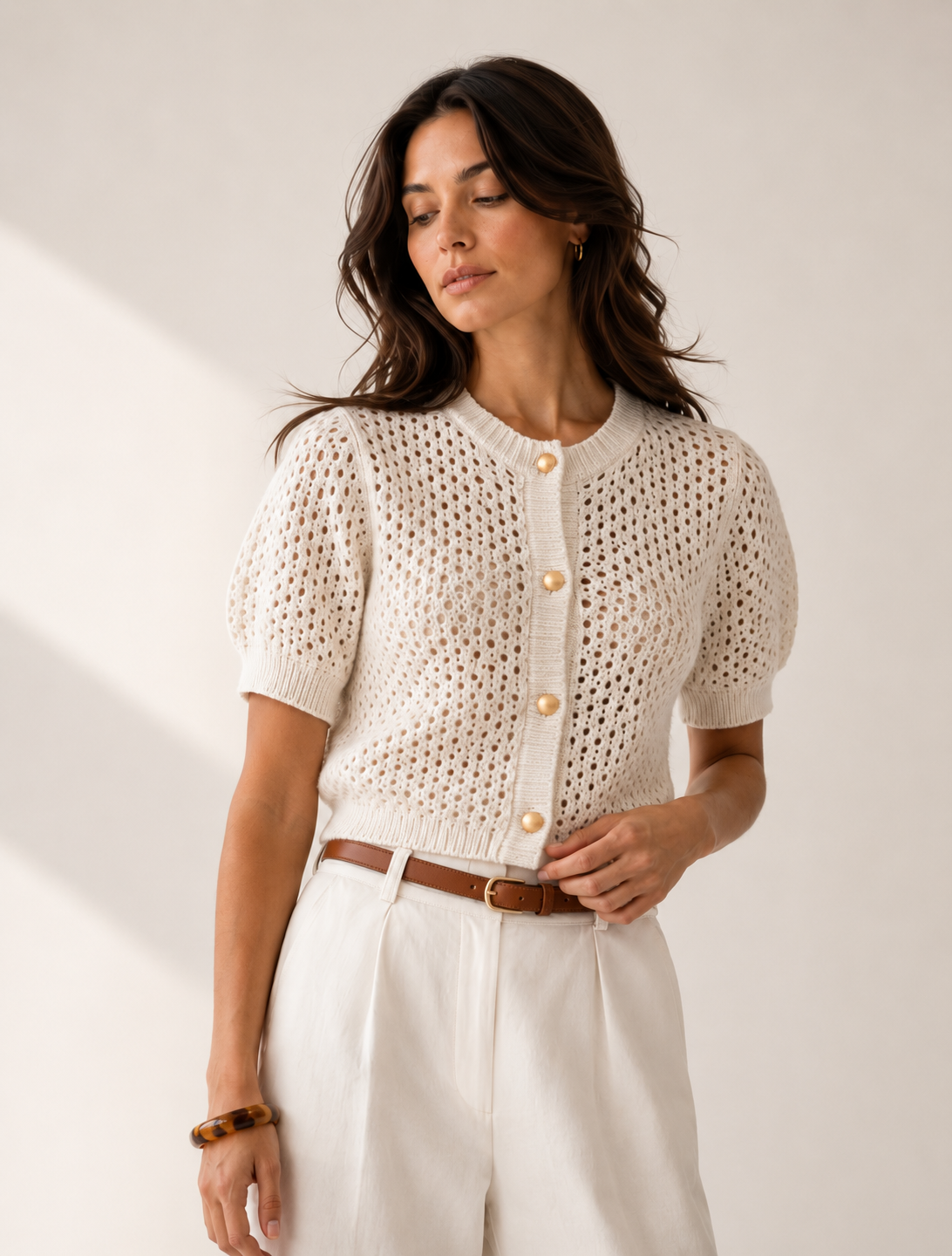 Short Sleeve Fitted Button-Front Knit Cardigan