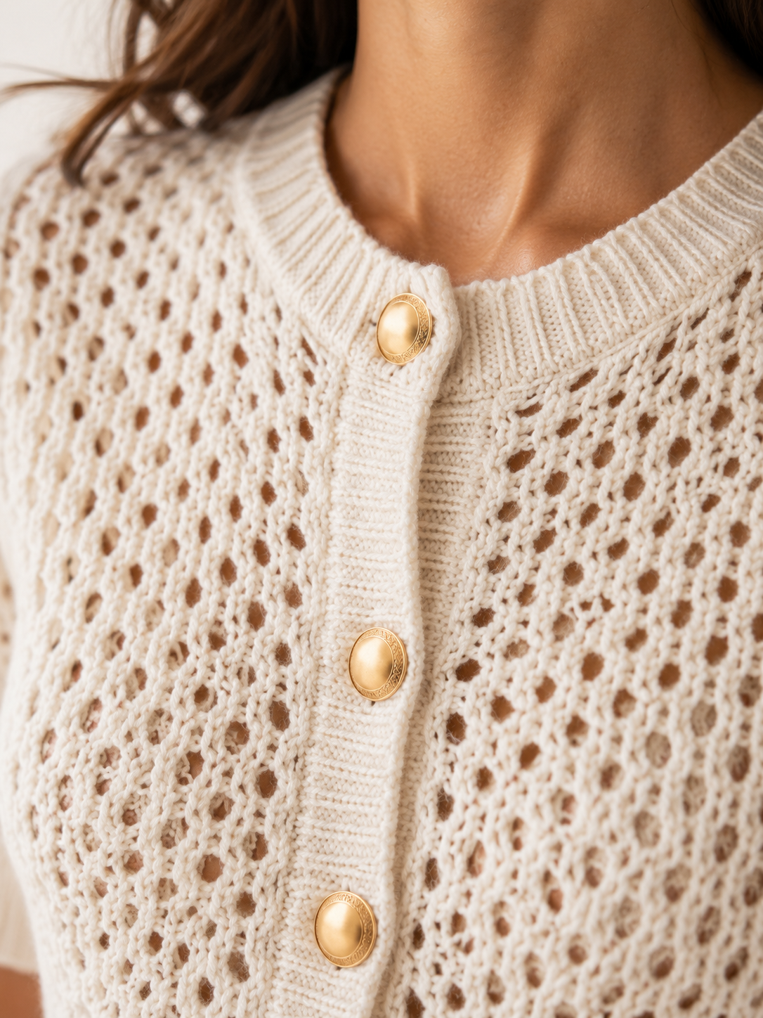 Short Sleeve Fitted Button-Front Knit Cardigan