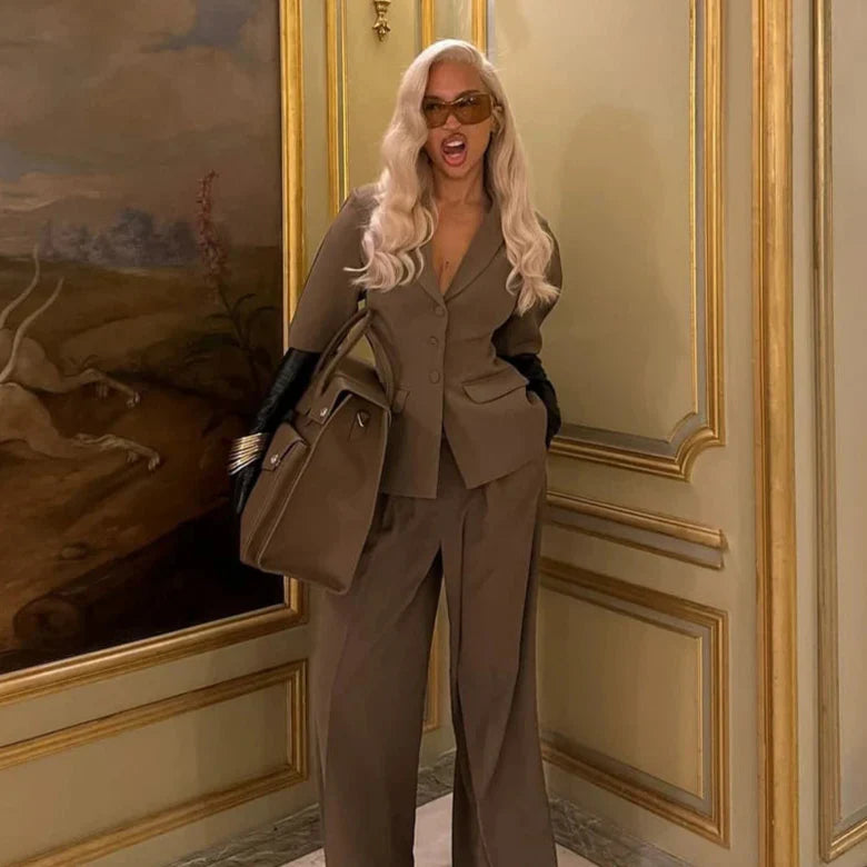 Shoulder Pad Blazer and Wide Leg Pants Co-ord Set