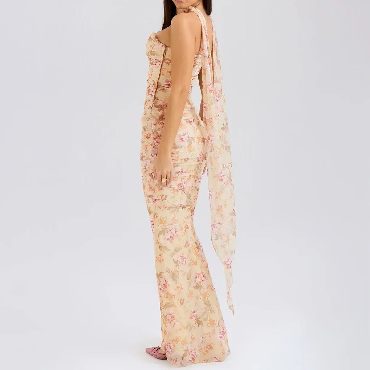 Strapless Crop Top and Maxi Skirt Co-ord Set with Scarf