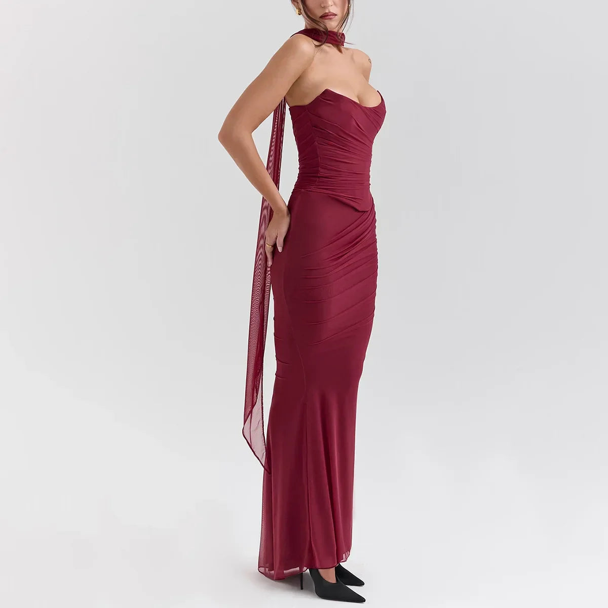 Strapless Crop Top and Maxi Skirt Co-ord Set with Scarf