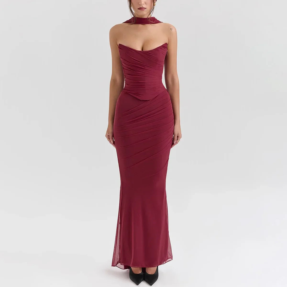 Strapless Crop Top and Maxi Skirt Co-ord Set with Scarf