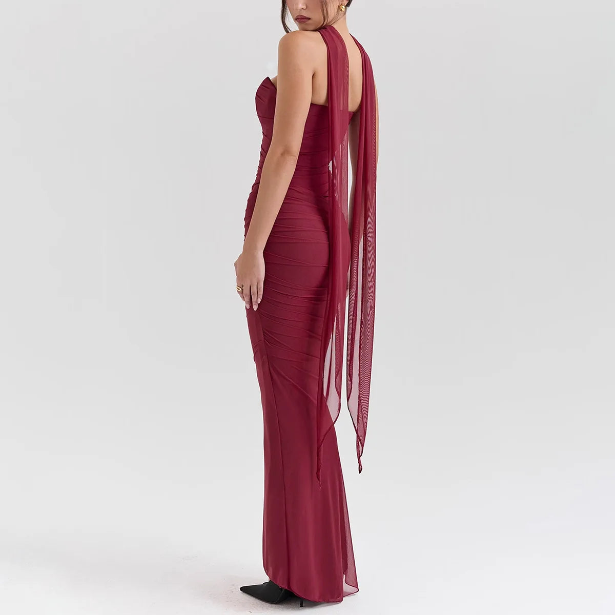Strapless Crop Top and Maxi Skirt Co-ord Set with Scarf