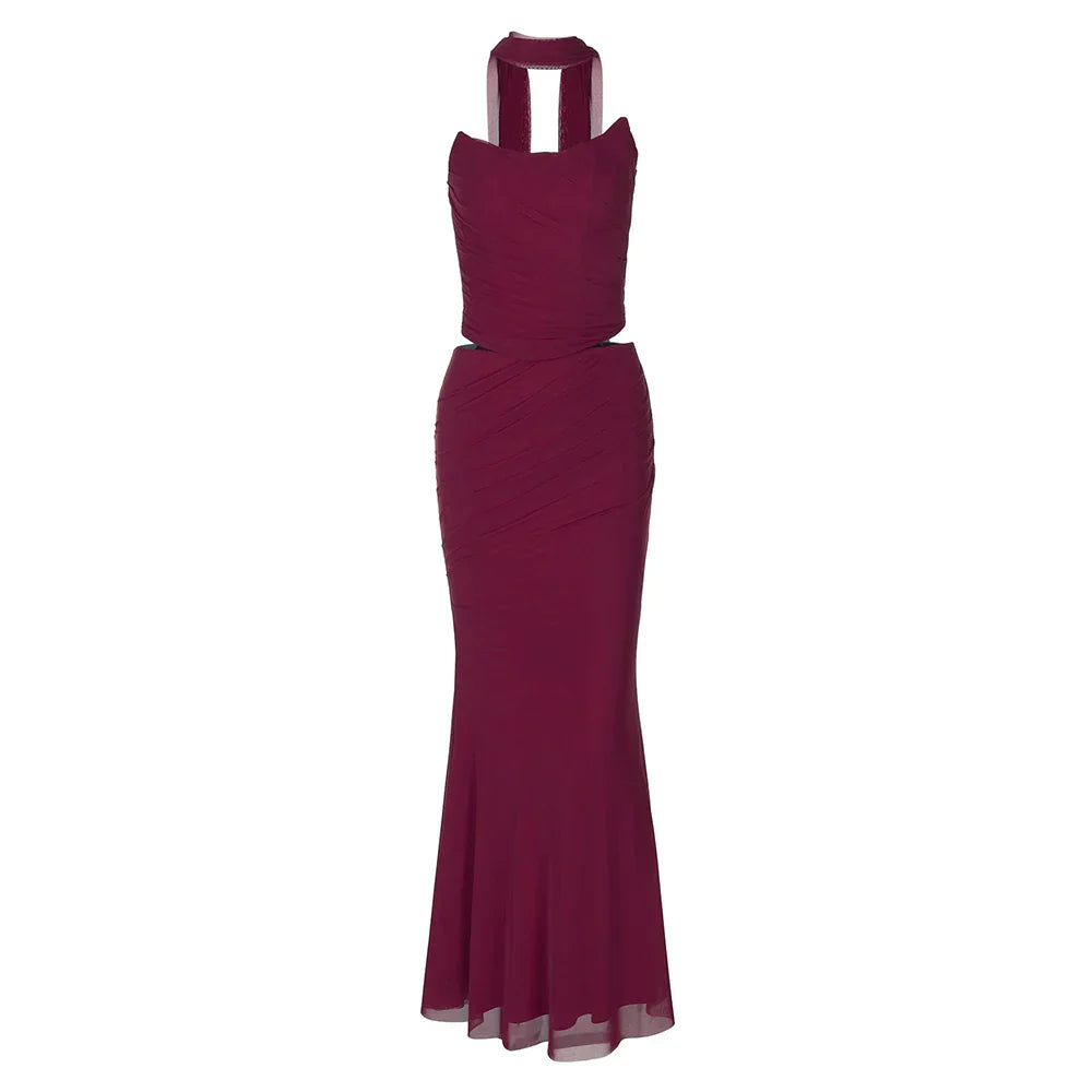 Strapless Crop Top and Maxi Skirt Co-ord Set with Scarf