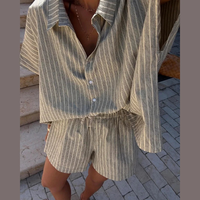 Striped Half Sleeve Shirt and Wide Leg Shorts Set