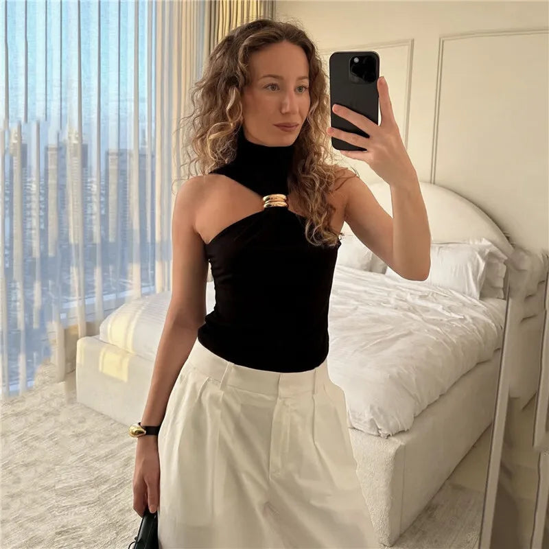 Turtleneck Knit Tank Top with Metal Ring Detail