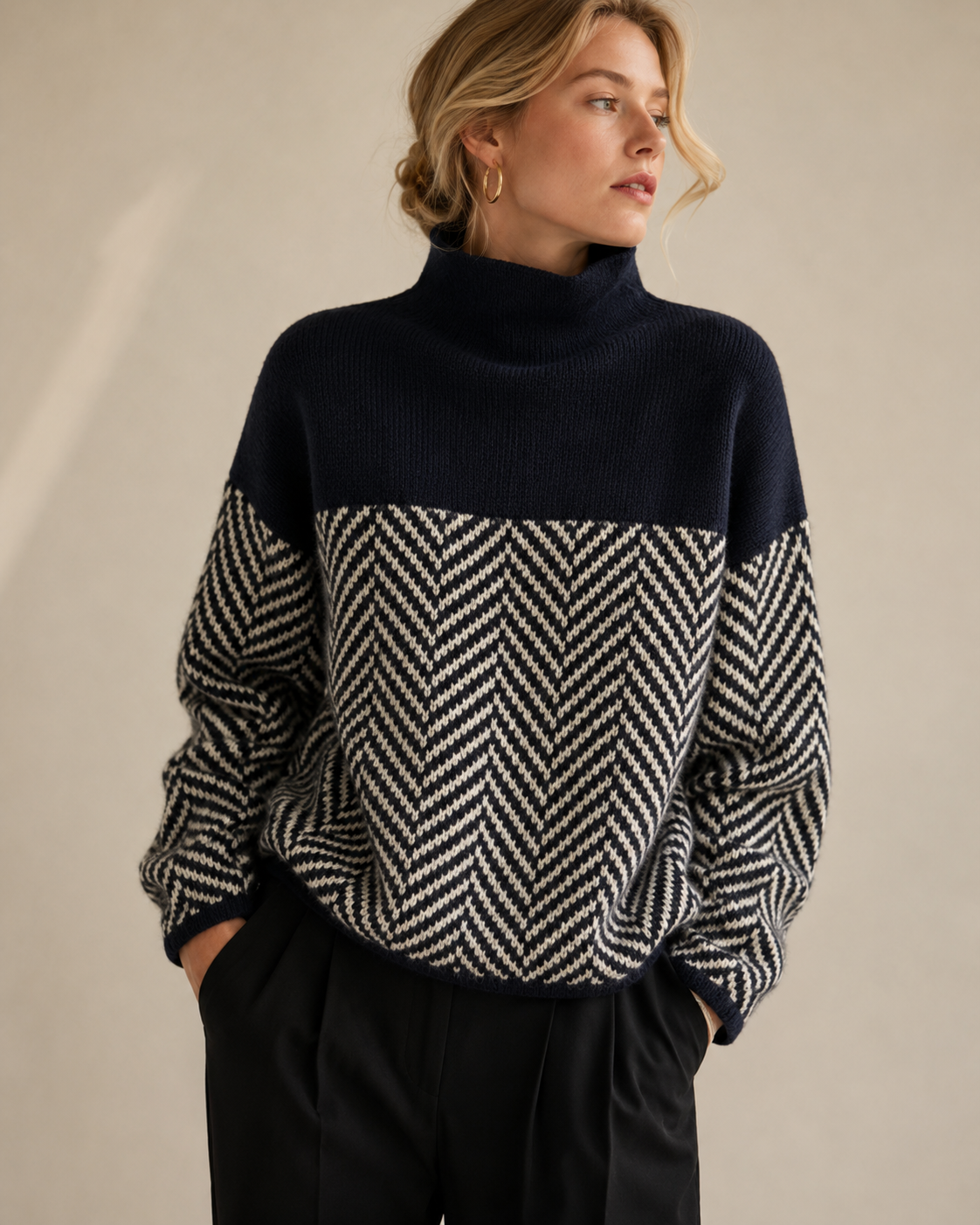 Striped Patchwork Turtleneck Knit Sweater