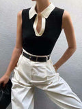 V-Neck Knit Sweater Vest with Contrast Trim Collar