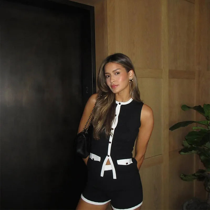 V-Neck Lace Up Top and Knit Shorts Co-ord Set