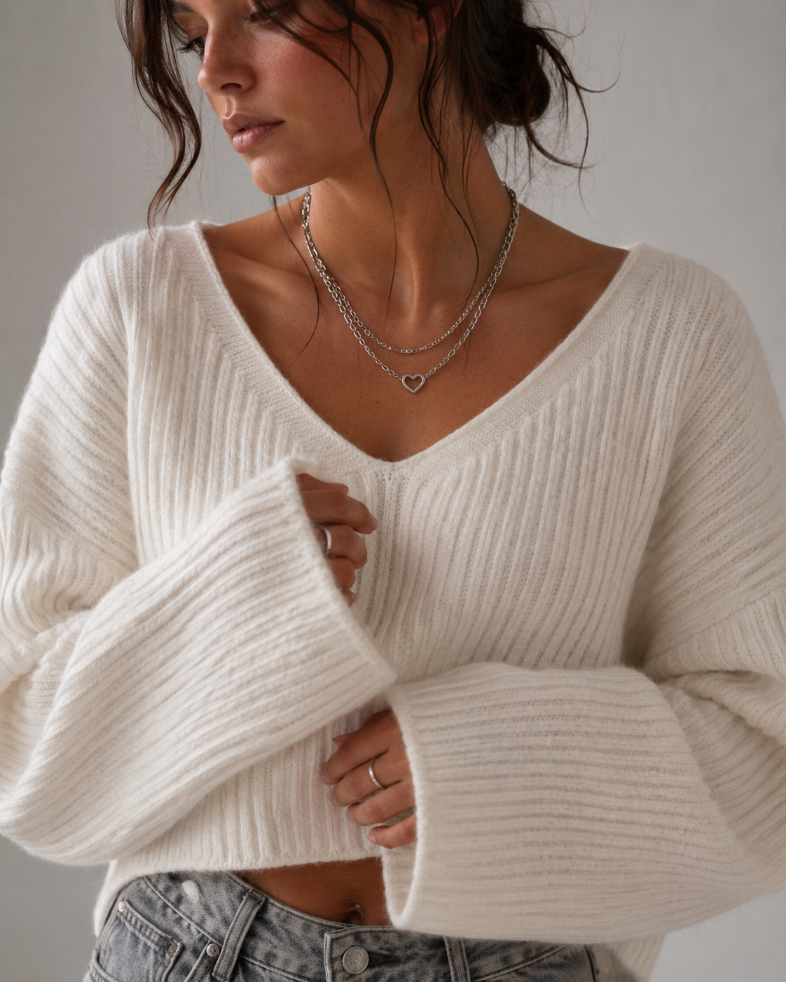 Cropped V-Neck Crochet Knit Sweater