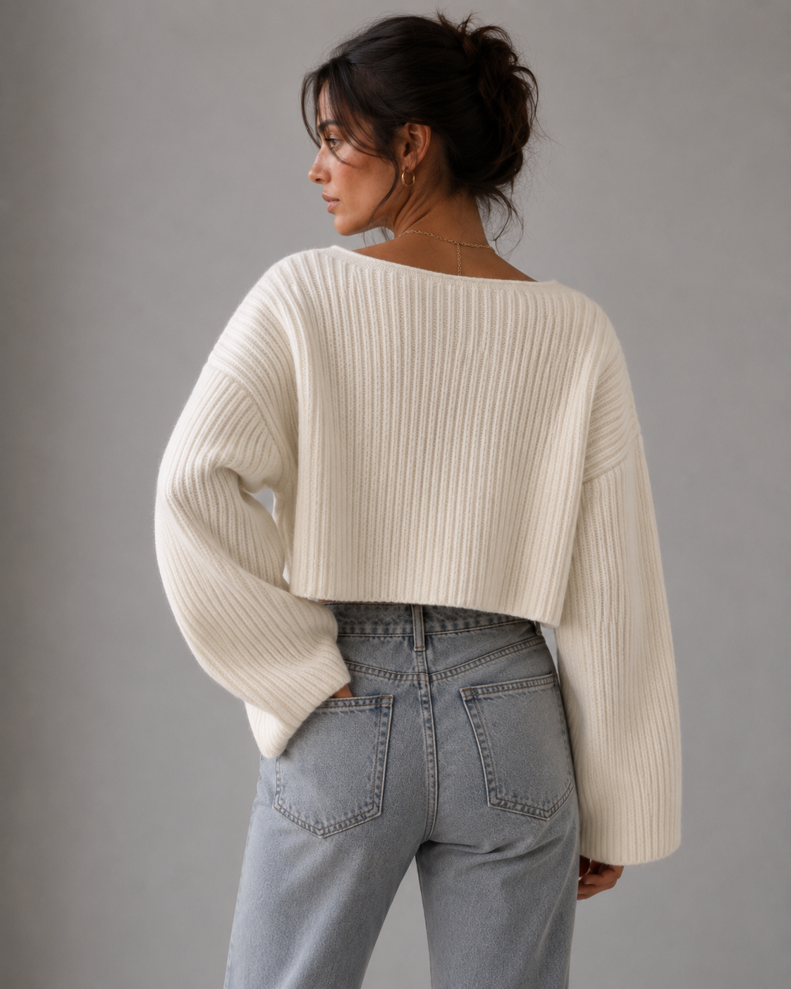 Cropped V-Neck Crochet Knit Sweater