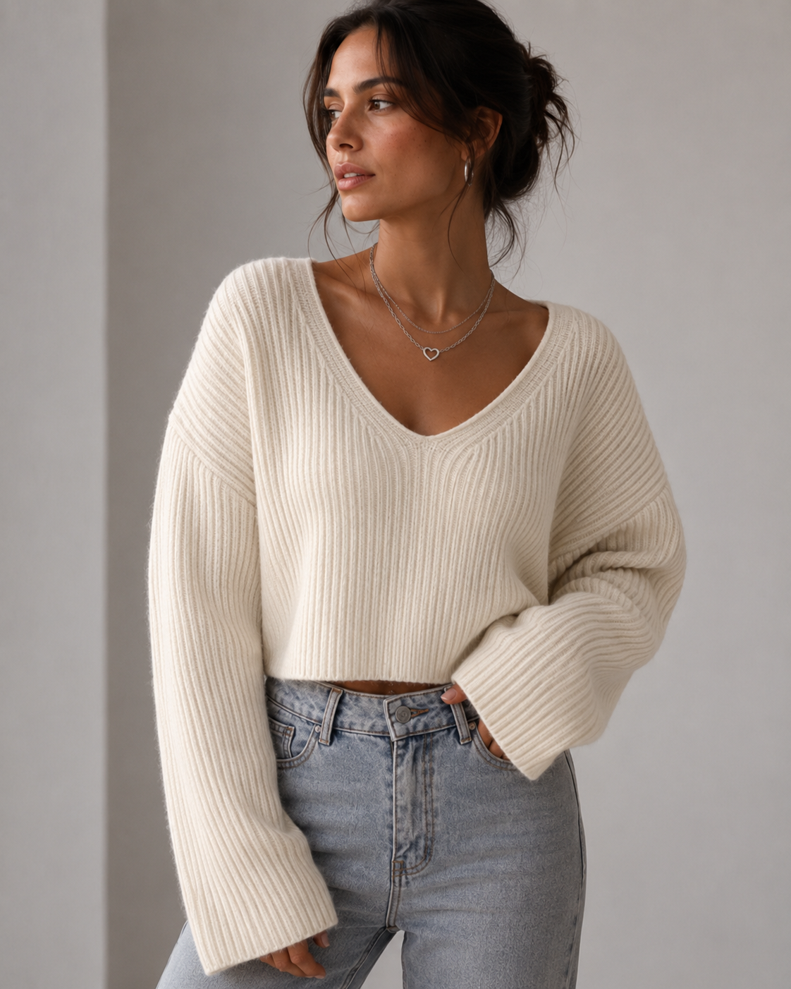 Cropped V-Neck Crochet Knit Sweater