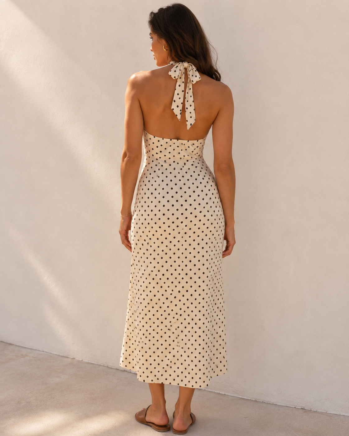 White Halter V-Neck Polka Dot Backless Lace Up Maxi Dress