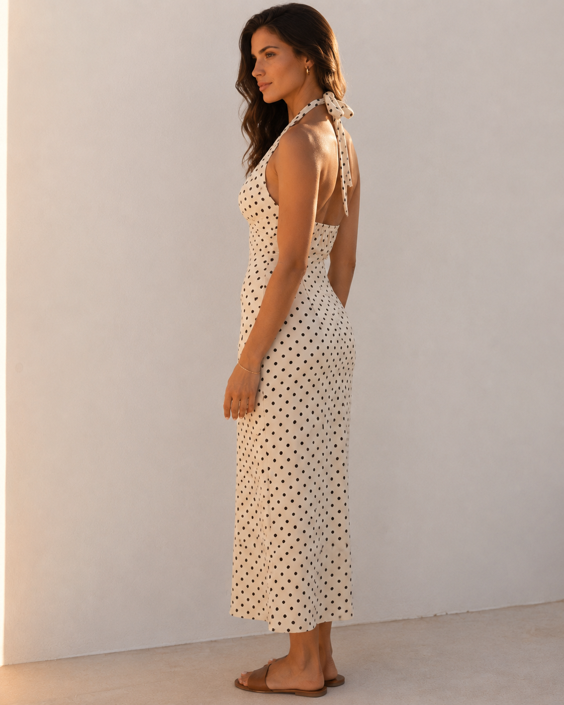 White Halter V-Neck Polka Dot Backless Lace Up Maxi Dress
