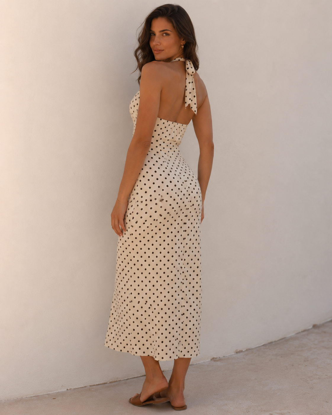 White Halter V-Neck Polka Dot Backless Lace Up Maxi Dress