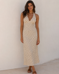 White Halter V-Neck Polka Dot Backless Lace Up Maxi Dress