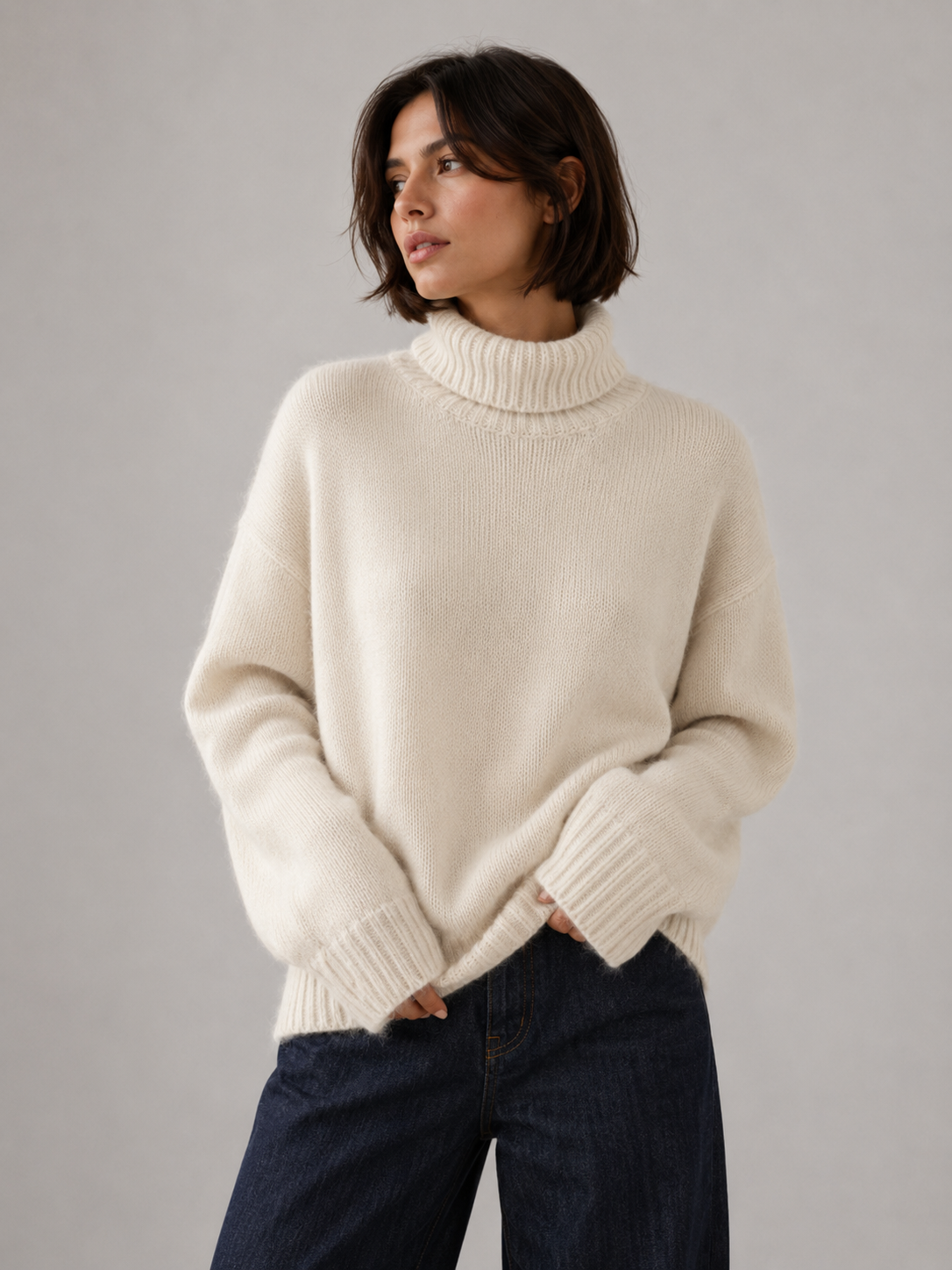 White Cashmere Turtleneck Oversized Sweater