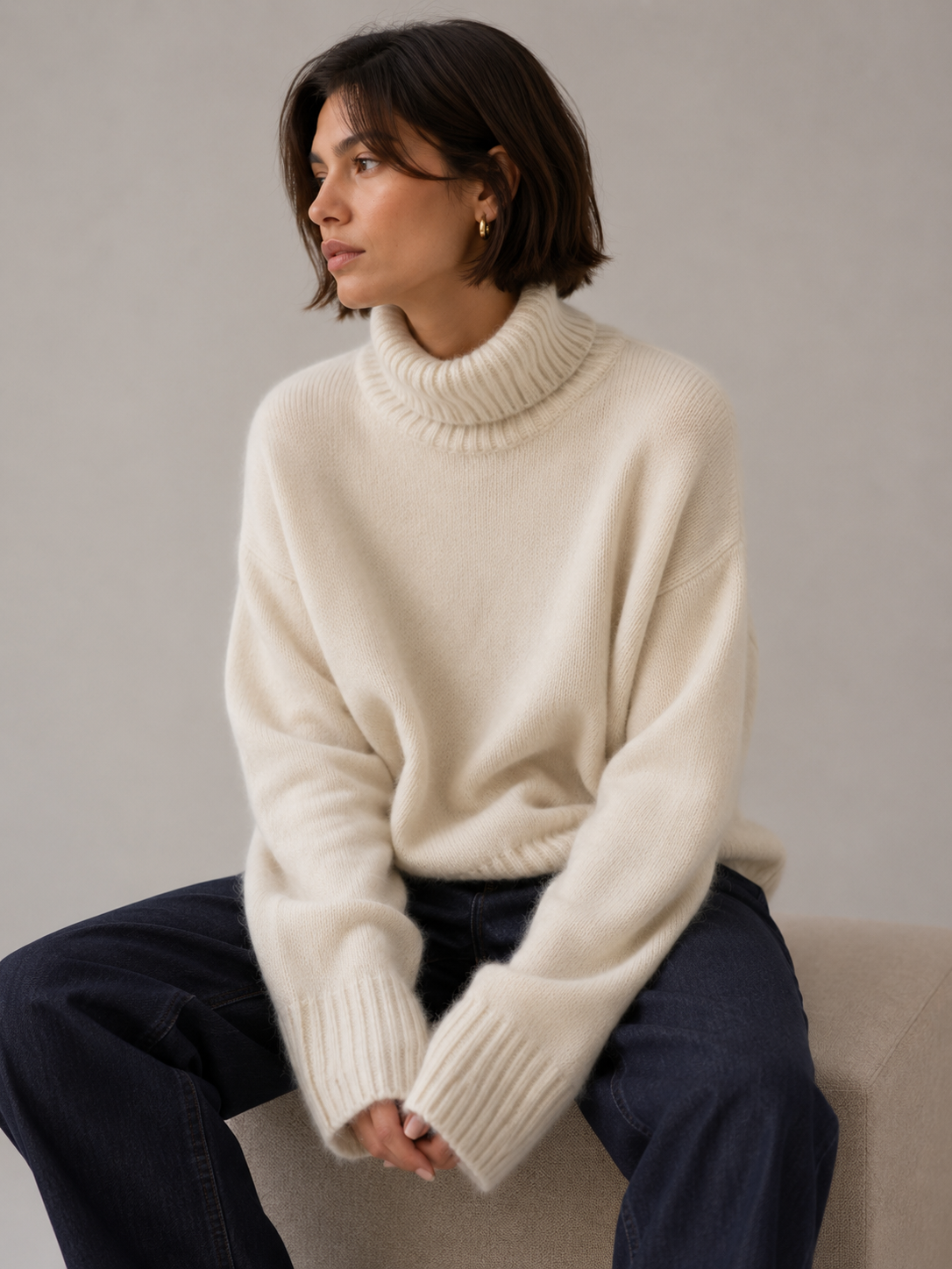 White Cashmere Turtleneck Oversized Sweater