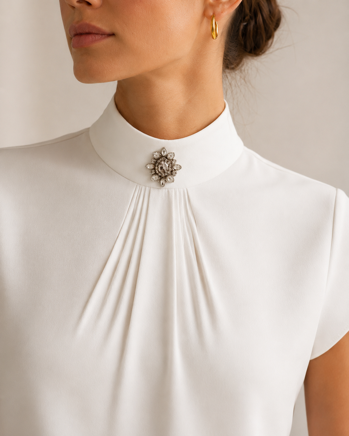 White High Neck Jewel Brooch Pleated Cap Sleeve Blouse