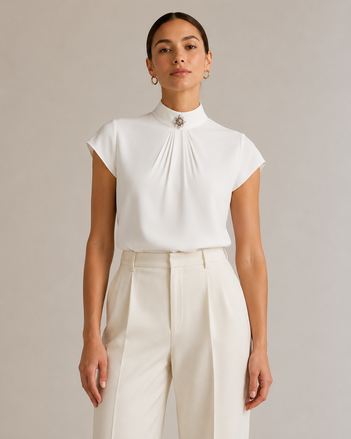White High Neck Jewel Brooch Pleated Cap Sleeve Blouse
