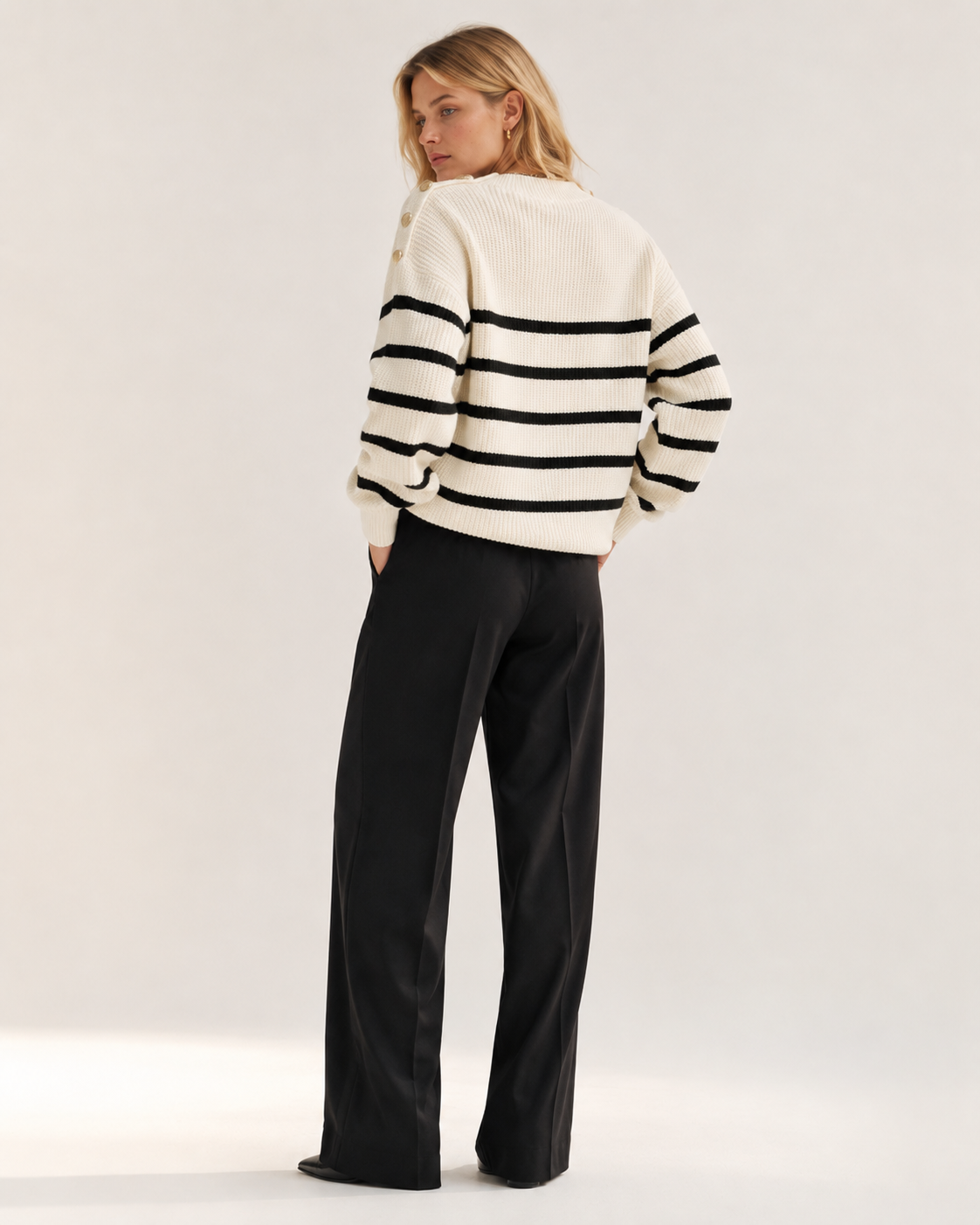 White Striped Oversized Crew Neck Knit Sweater