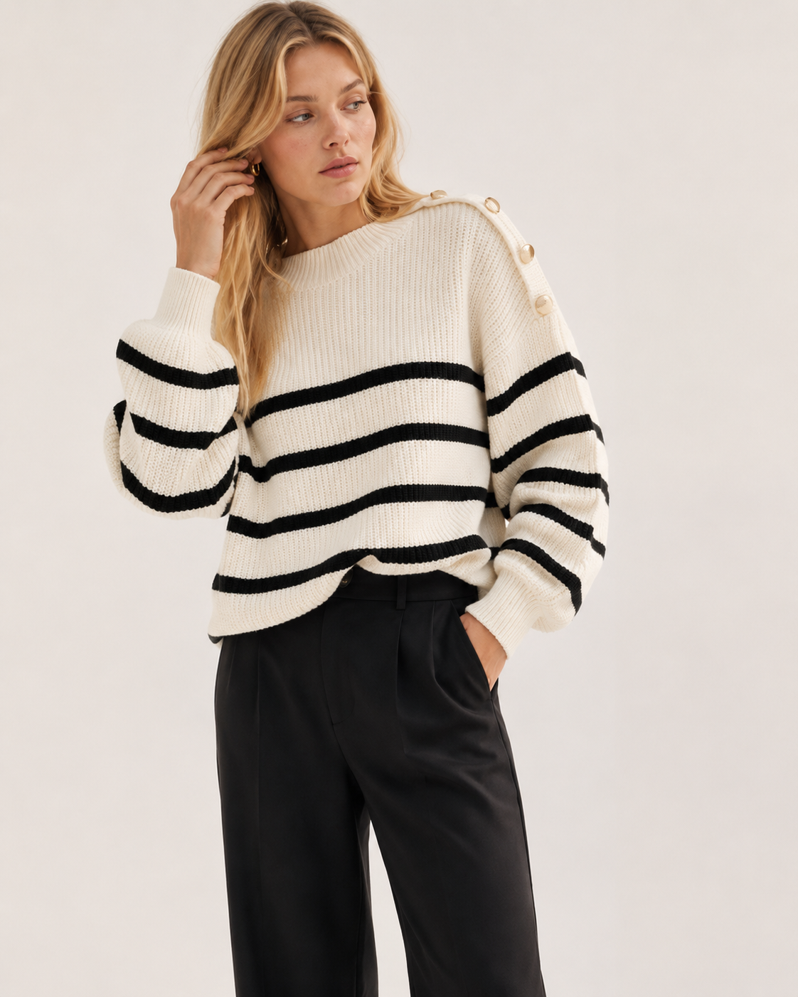 White Striped Oversized Crew Neck Knit Sweater