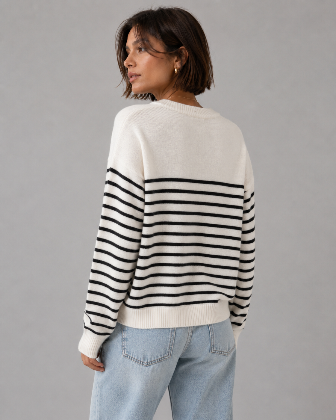 White Striped Oversized Crew Neck Wool Knit Sweater