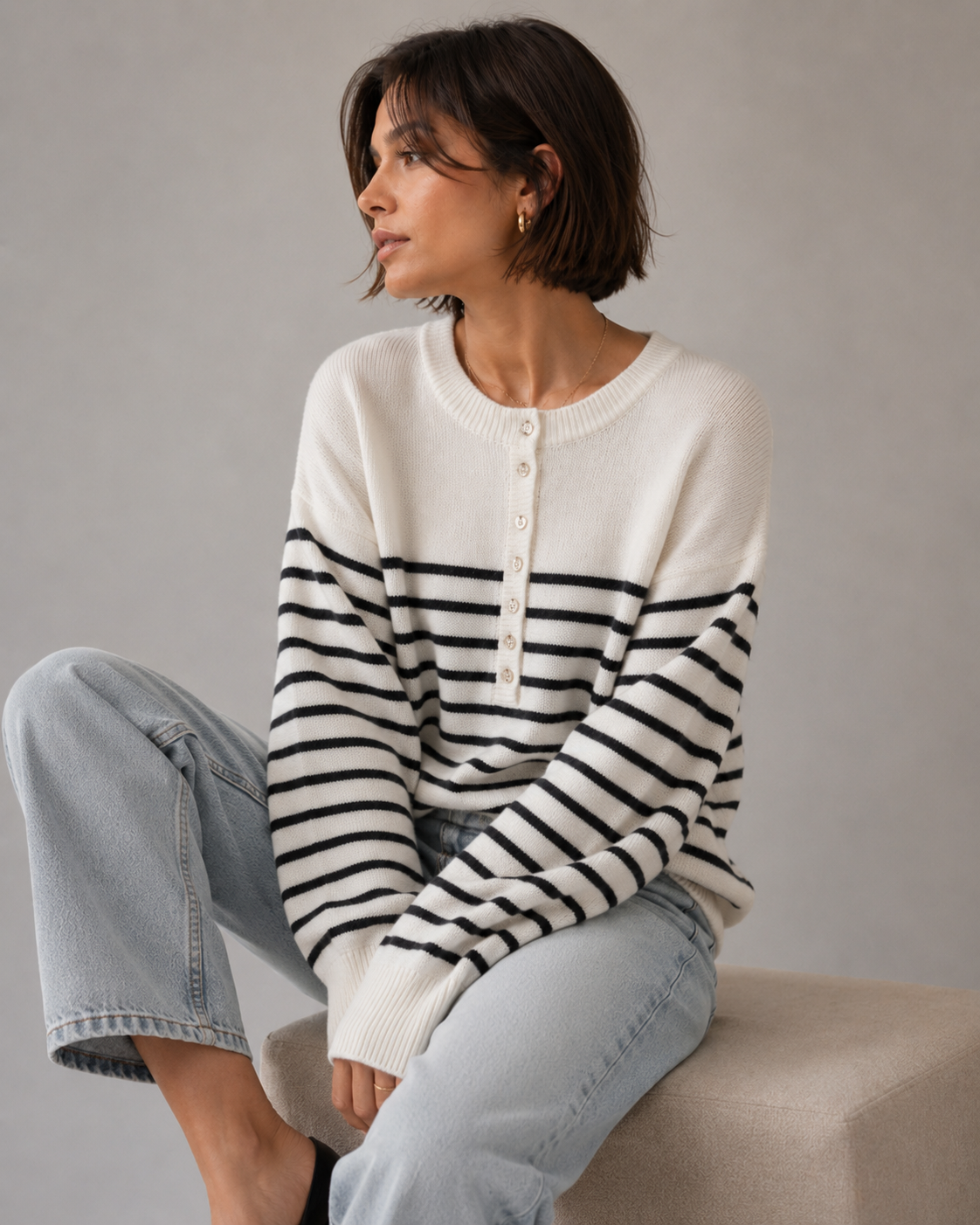 White Striped Oversized Crew Neck Wool Knit Sweater