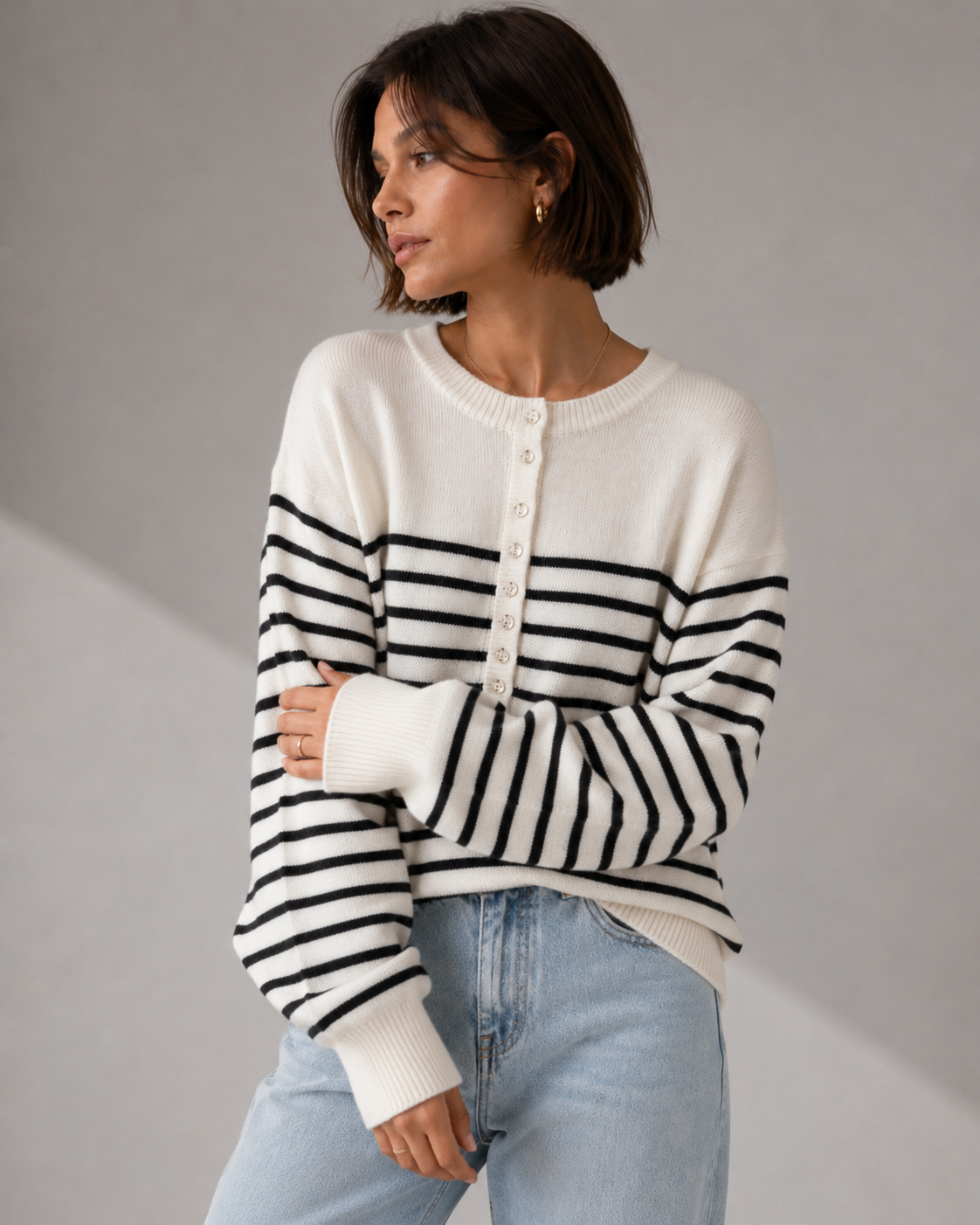 White Striped Oversized Crew Neck Wool Knit Sweater