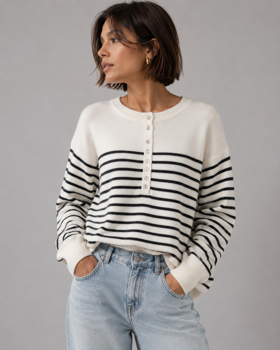 White Striped Oversized Crew Neck Wool Knit Sweater