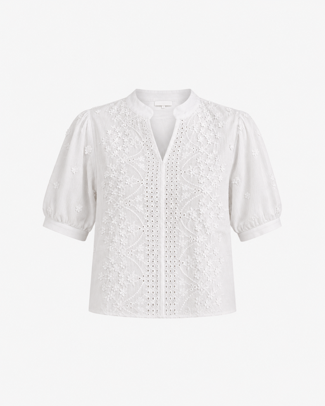 White V-Neck Floral Crochet Eyelet Short Sleeve Blouse