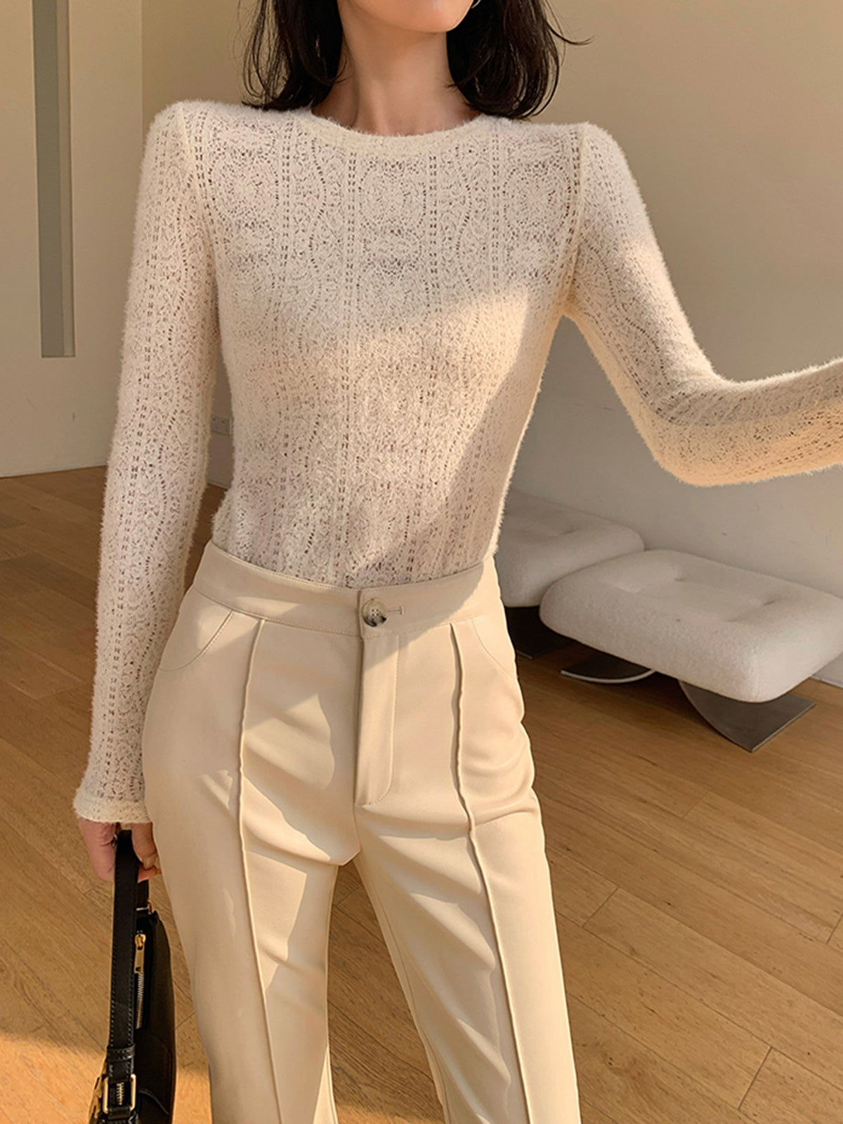 Women's Crew Neck Floral Hollow Knit Long Sleeve Top