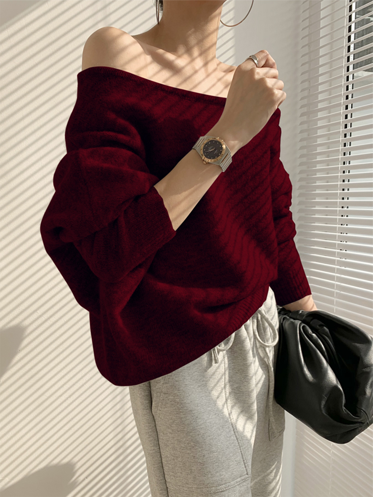 Women's One Shoulder Asymmetric Long Sleeve Knit Sweater