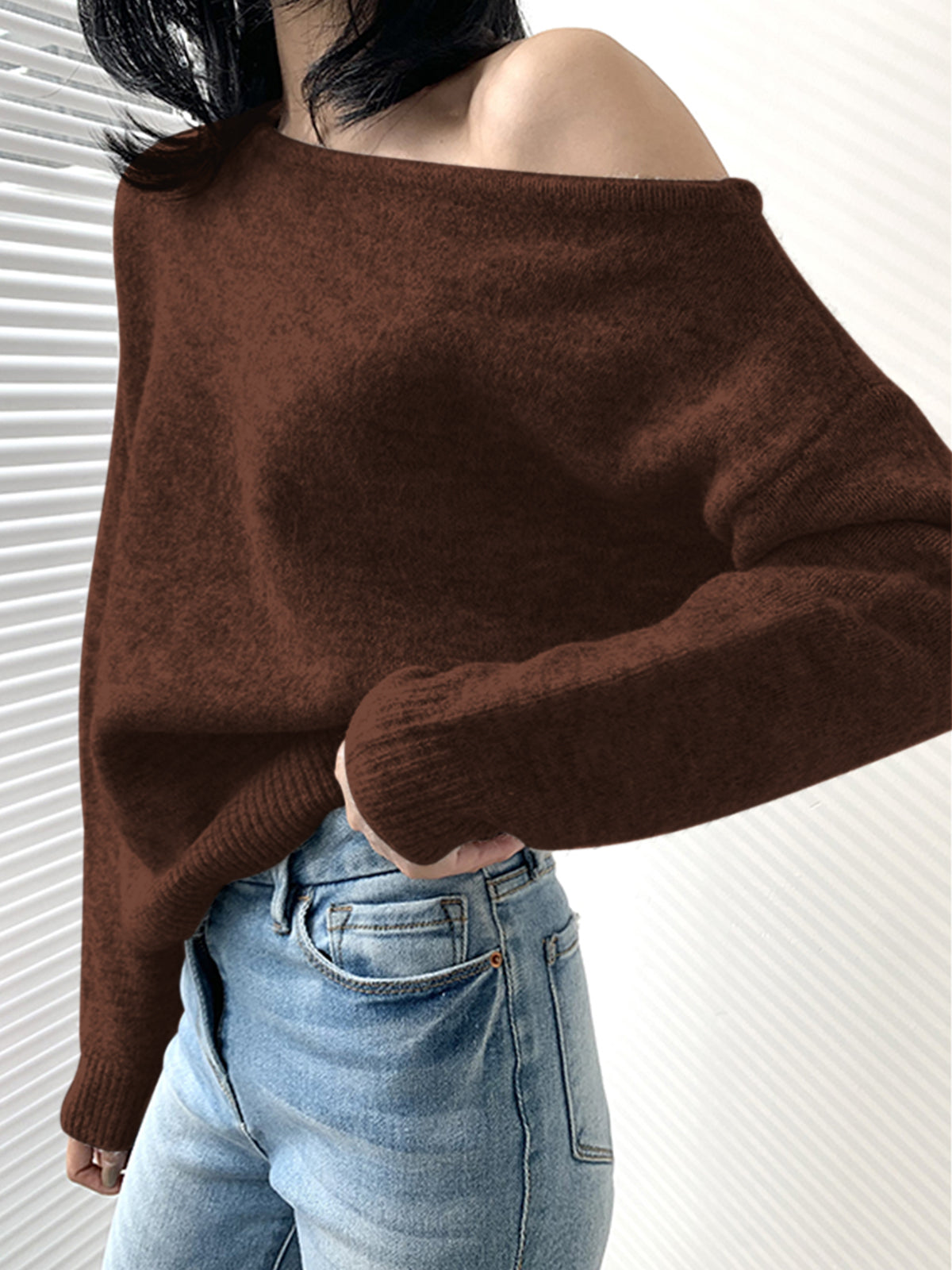 Women's One Shoulder Asymmetric Long Sleeve Knit Sweater