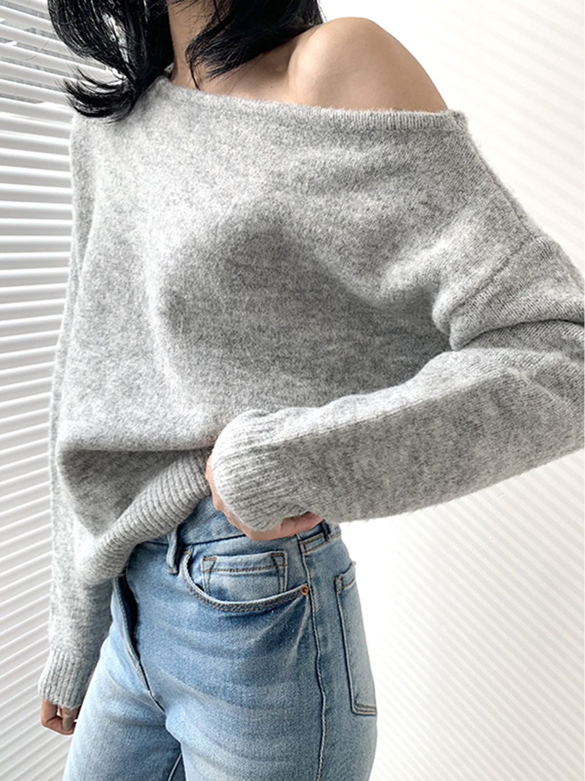 Women's One Shoulder Asymmetric Long Sleeve Knit Sweater