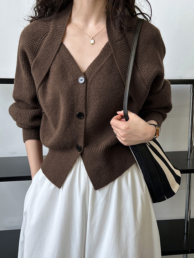 Women's V-Neck Patchwork Button Front Knit Sweater