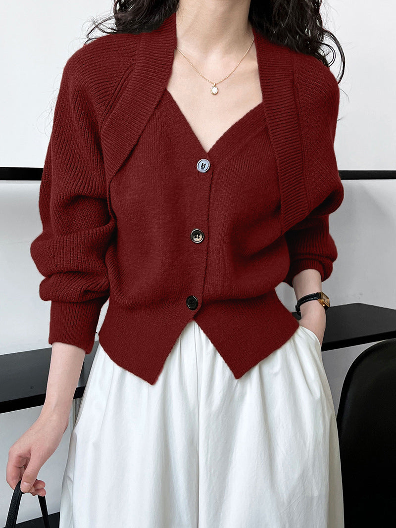 Women's V-Neck Patchwork Button Front Knit Sweater