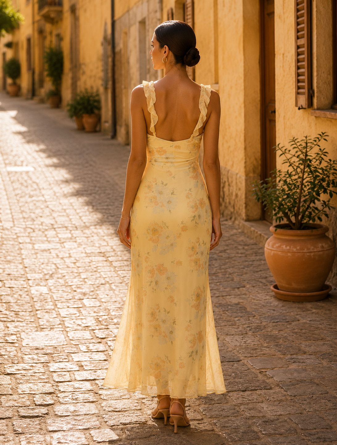 Yellow V-Neck Floral Print Backless Spaghetti Strap Maxi Dress