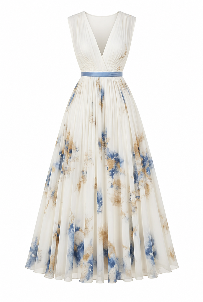 Wedding Guest Floral Midi Dress Sleeveless V-Neck Pleated Style