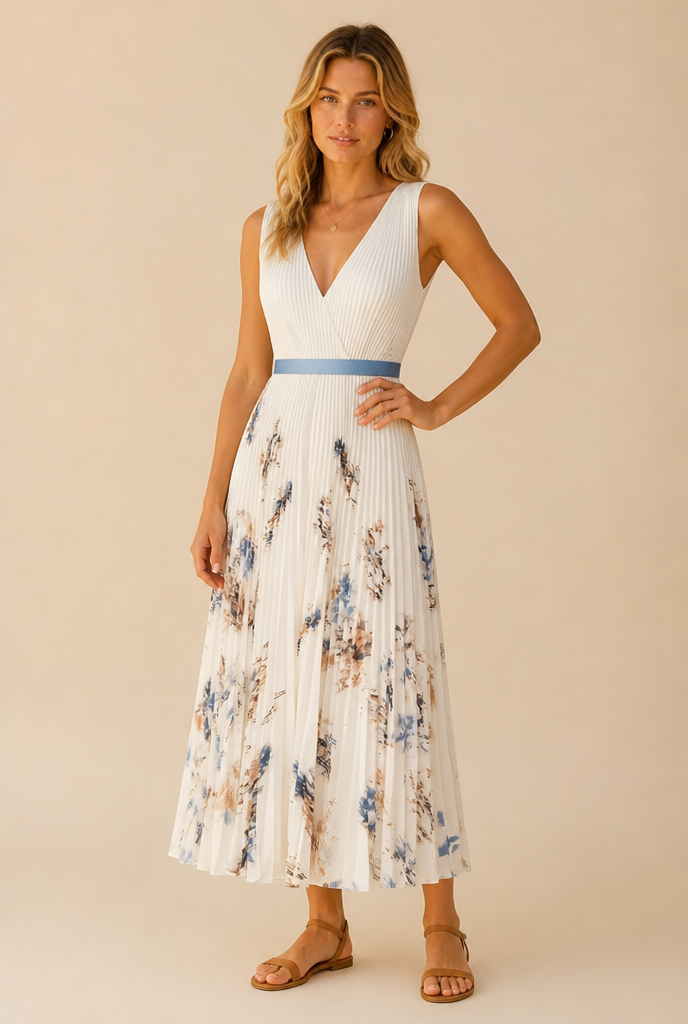 Wedding Guest Floral Midi Dress Sleeveless V-Neck Pleated Style