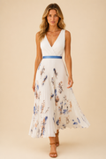 Wedding Guest Floral Midi Dress Sleeveless V-Neck Pleated Style