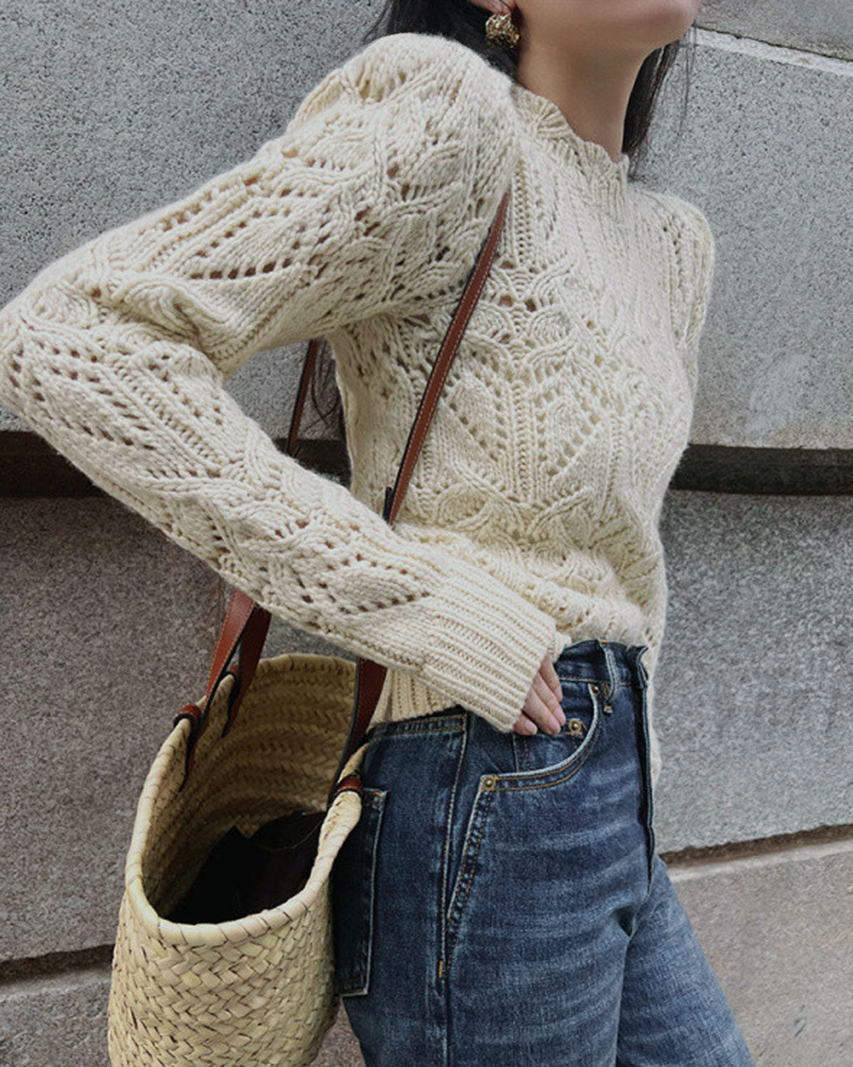 Off White Round Neck Cut Out Sweater